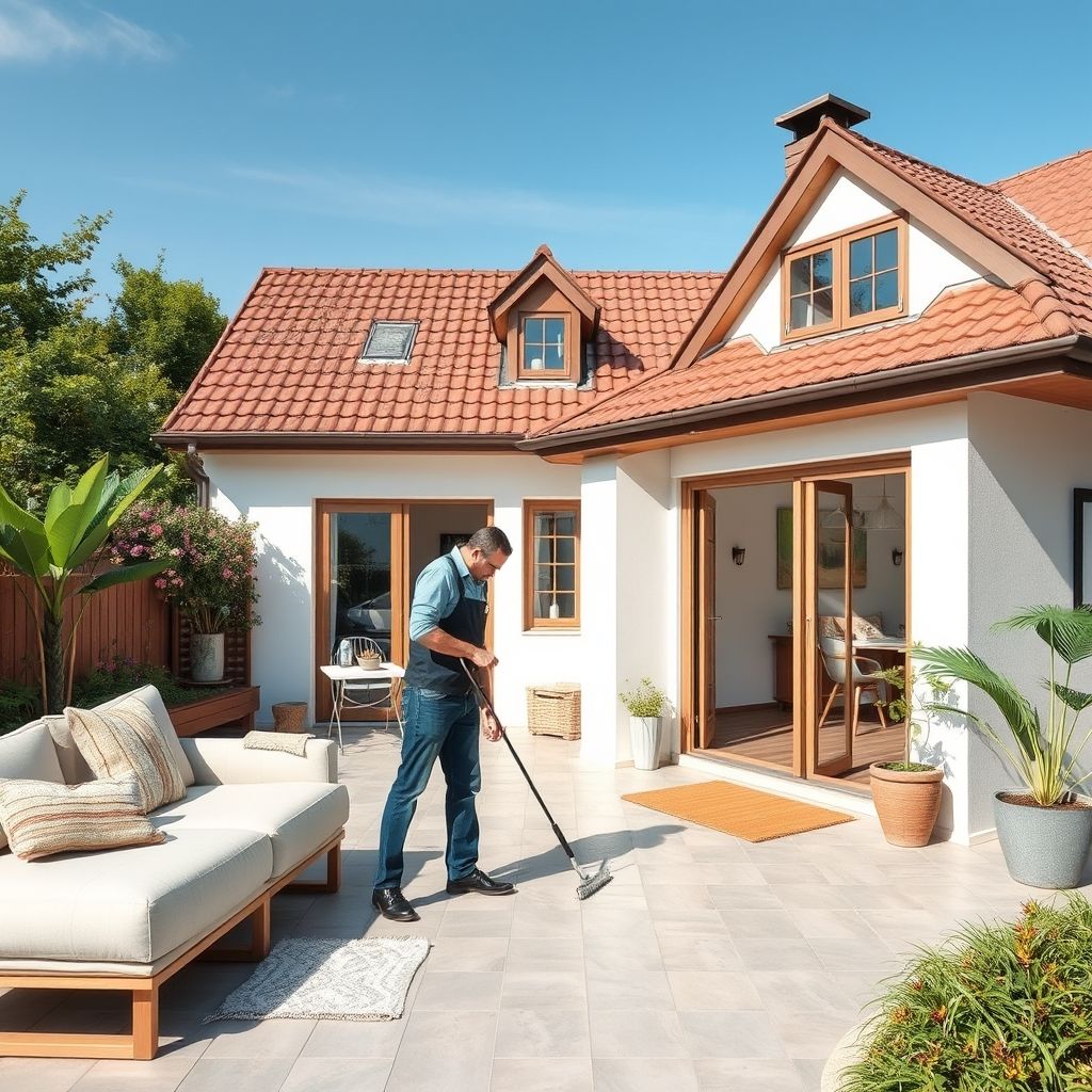 Un agent de nettoyage soigne une maison avec attention, utilisant des produits écologiques pour un résultat parfait.