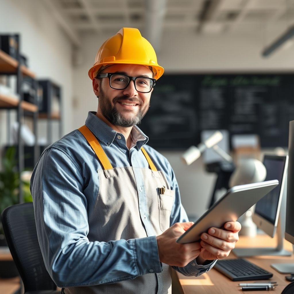 Sous un ciel clair, un professionnel en tenue de travail nettoie méticuleusement un bureau moderne, utilisant des équipements adaptés pour garantir un espace impeccable. La zone est bien organisée, reflétant une ambiance propre et accueillante, avec une lumière naturelle qui valorise la propreté des locaux.