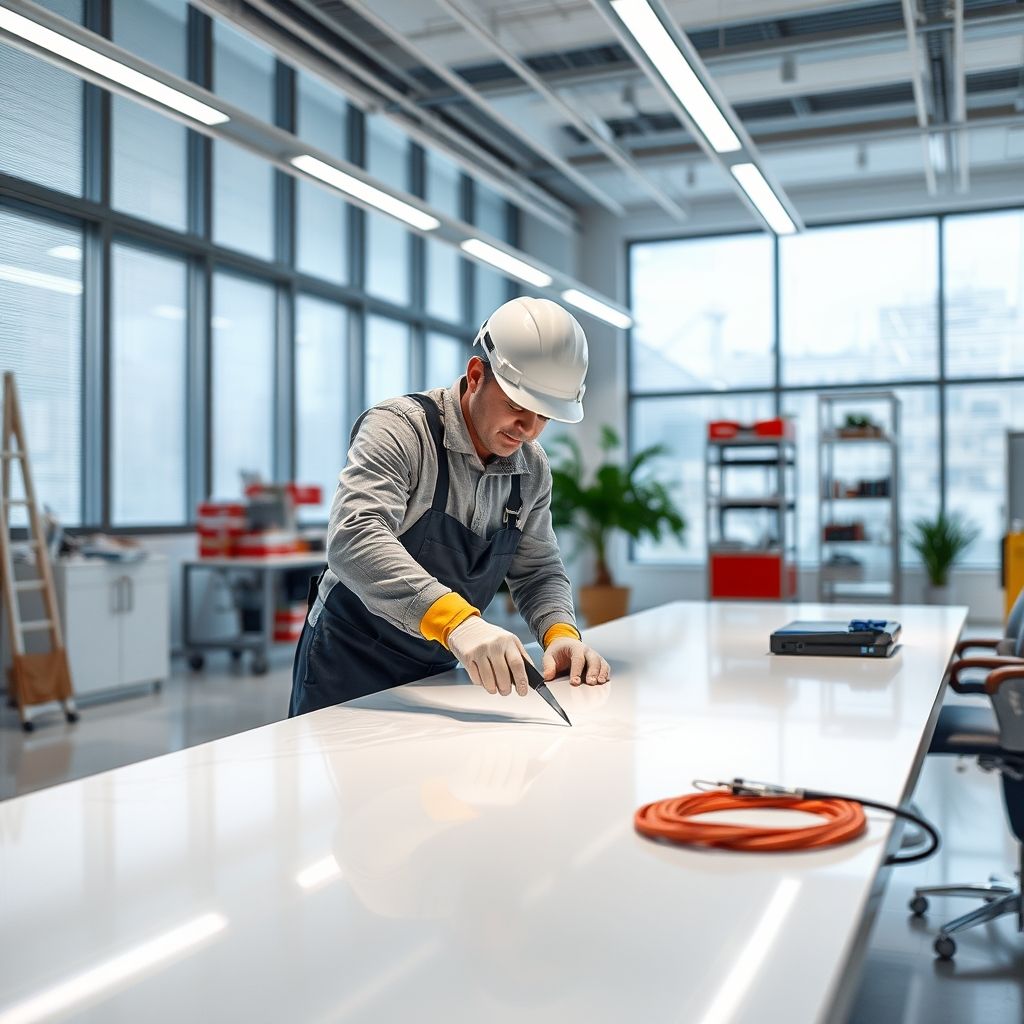 Un professionnel équipé nettoie rapidement une surface vitrée dans un espace lumineux et moderne, symbole de nos services de qualité.